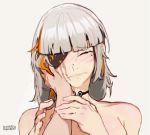  1girl bangs blush closed_eyes closed_mouth eyepatch girls_frontline hand_on_another&#039;s_cheek hand_on_another&#039;s_face kollerss long_hair m16a1_(girls_frontline)_(boss) multicolored_hair orange_hair pov pov_hands scar scar_across_eye silver_hair solo_focus two-tone_hair 