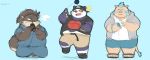  2019 alp_(tas) anthro belly blue_background bottomwear canid canine canis clothing cute_fangs domestic_dog eyes_closed footwear fur giant_panda gouryou group hi_res hoodie humanoid_hands male mammal overweight overweight_male phone purple_fur sandals shino_(housamo) shirt shorts simple_background suid suina sus_(pig) topwear uokkom ursid wild_boar 