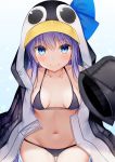  1girl absurdres animal_hood aozora_nan bangs bare_shoulders bikini bikini_under_clothes black_bikini black_jacket blue_background blue_bow blue_eyes bow breasts closed_mouth collarbone commentary_request eyebrows_visible_through_hair fate/grand_order fate_(series) gradient gradient_background groin hair_between_eyes highres hood jacket long_hair long_sleeves looking_at_viewer medium_breasts meltryllis meltryllis_(swimsuit_lancer)_(fate) navel open_clothes open_jacket penguin_hood puffy_long_sleeves puffy_sleeves purple_hair revision sitting sleeves_past_fingers sleeves_past_wrists smile solo swimsuit white_background 