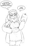  anthro big_breasts black_and_white bovid breasts caprine clipboard clothed clothing dialogue english_text eyewear female glasses goat hair half-closed_eyes hi_res long_hair mammal monochrome simple_background sketch solo text unknown_artist white_background 
