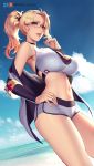  1girl beach black_choker blonde_hair blue_eyes blue_sky breasts choker cian_yo day glasses hand_on_hip large_breasts long_hair looking_at_viewer mercy_(overwatch) midriff navel ocean off_shoulder overwatch patreon_username ponytail red_cross short_shorts shorts sky solo stomach swimsuit swiss_flag tankini 