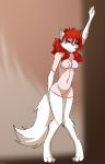  2019 absurd_res anthro breasts canid canine canis casual_nudity chest_tuft digitigrade featureless_breasts female fishnet fur green_eyes hair hi_res keidran looking_at_viewer mammal mostly_nude red_hair roselyn_(twokinds) ruth66 smile solo tuft twokinds webcomic white_fur wolf 