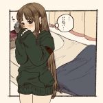  1girl arc_the_lad_ii bed blush brown_eyes brown_hair cactus commentary_request lieza long_hair looking_at_viewer marusa_(marugorikun) no_pants open_mouth solo very_long_hair 