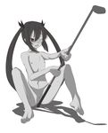  barefoot blush breasts crotch_rub feet golf_club greyscale kooh masturbation monochrome nipples nude one_eye_closed pangya pussy small_breasts solo twintails yada_ei 