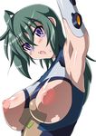  areolae armpits blue_eyes blue_leotard blush bodysuit breasts green_hair kannagi_itsuki large_areolae large_breasts leotard long_hair nipples open_mouth solo sora_wo_kakeru_shoujo sweat white_leotard z-s-e 