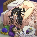  1girl ahegao aqua_eyes bad_id bad_pixiv_id bed bed_sheet bent_over black_hair blush breath clothes_on_bed clothes_removed deborah dragon_quest dragon_quest_v dreaming drooling folded hero_(dq5) highres hoimi_slime masturbation mole mole_under_eye nude rolling_eyes saliva sleeping sweat tears tonda tongue turban 