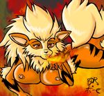  anthro arcanine breasts canine female fire fire_breathing growlithe lying mammal nintendo nipples on_front pok&#233;mon pok&#233;morph pokemon red_eyes solo unknown_artist video_games 