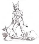  0laffson 4_toes 5_fingers anthro balls caracal caracal_(genus) digitigrade ear_piercing ear_ring felid feline fingers hi_res holding_object hybrid lynx male mammal nude penis piercing sketch solo standing teeth toes traditional_media_(artwork) 