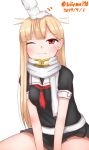  1girl 1other absurdres black_ribbon black_serafuku black_skirt blonde_hair dated hair_flaps hair_ornament hair_ribbon hairclip highres kantai_collection long_hair neckerchief one_eye_closed petting pleated_skirt red_eyes red_neckwear remodel_(kantai_collection) ribbon scarf school_uniform serafuku simple_background sitting skirt smile straight_hair tiemu_(man190) twitter_username wariza white_background white_scarf yuudachi_(kantai_collection) 