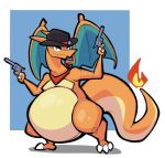  2019 3_toes 4_fingers aimbot-jones bandanna belly big_belly charizard claws clothing dragon fingers fire gun half-closed_eyes handgun hat headgear headwear hi_res holding_gun holding_object holding_weapon horn long_neck looking_at_viewer male membrane_(anatomy) membranous_wings mostly_nude nintendo no_irises overweight pok&eacute;mon pok&eacute;mon_(species) pose ranged_weapon revolver scalie solo standing thick_tail toe_claws toes video_games weapon wide_hips wings 