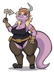  2019 4_fingers absurd_res aimbot-jones anthro bandanna belly belt big_breasts bottomwear breasts broken_horn cass_(simplify6) cleavage clothed clothing female fingers footwear gloves hair half-closed_eyes handwear hi_res holding_object horn looking_at_viewer no_irises overweight overweight_female pants reptile scalie shirt shoes smile solo standing thick_tail thick_thighs topwear wide_hips 