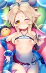  1girl azur_lane bangs bare_shoulders blonde_hair blush breasts cavalla_(azur_lane) collarbone commentary_request diving_mask diving_mask_on_head gaaramomo holding innertube long_hair looking_at_viewer lying nipples one_eye_closed ponytail small_breasts star swimsuit tearing_up tentacles yellow_eyes 