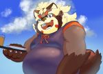  2019 anthro belly beverage brown_fur canid canine clothed clothing fur goemon_(tas) hi_res humanoid_hands male mammal nanon_1st one_eye_closed outside overweight overweight_male raccoon_dog solo tanuki tokyo_afterschool_summoners video_games wink 