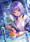  1girl :d blue_eyes blue_flower blue_jacket blurry blush bowl bra_strap commentary_request depth_of_field dessert flower food fruit fuji_choko glint highres holding holding_spoon jacket lavender_hair looking_at_viewer open_clothes open_jacket open_mouth original purple_flower shirt short_hair smile solo spoon table white_shirt 