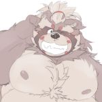  1:1 2019 anthro blush canid canine goemon_(tas) hi_res male mammal meimei_kia moobs nipples one_eye_closed overweight overweight_male raccoon_dog simple_background solo tanuki teeth tokyo_afterschool_summoners video_games wink 