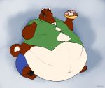  anthro belly belly_overhang big_belly brown_fur canid canine canis clothed clothing dessert domestic_dog eyes_closed food fur hi_res holding_food holding_object hyper hyper_belly ice_cream kanancollie love_handles male mammal midriff moobs morbidly_obese navel obese obese_male open_mouth open_smile overweight overweight_male sitting smile solo straining_buttons thick_thighs white_fur wide_hips 