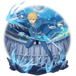  1boy black_footwear blonde_hair blue_eyes blue_pants blue_rose_sword eugeo highres holding holding_sword holding_weapon leg_up male_focus official_art open_mouth outstretched_arms pants running sheath solo sword sword_art_online transparent_background v-shaped_eyebrows weapon 