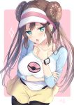  1girl :o blue_eyes blush breast_hold breasts brown_hair commentary_request large_breasts long_hair long_sleeves looking_at_viewer mei_(pokemon) nagare_yoshimi open_mouth pokemon_masters raglan_sleeves solo twintails very_long_hair 