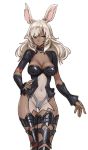  1girl animal_ears bunny_ears choker commentary_request dark_skin final_fantasy final_fantasy_xii final_fantasy_xiv gloves hand_on_hip navel pote0508 see-through solo thigh_gap thighhighs viera white_hair yellow_eyes 