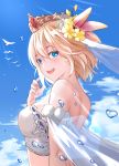  1girl :d bird blonde_hair blue_eyes blue_sky breasts crown daisy europa_(granblue_fantasy) eyebrows_visible_through_hair flower granblue_fantasy hair_between_eyes hair_flower hair_ornament highres looking_at_viewer medium_breasts nonh_(wormoftank) open_mouth short_hair shoulder_blades side_ponytail sky smile solo upper_body white_flower yellow_flower 