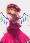  1girl :d absurdres blonde_hair bow flandre_scarlet hair_between_eyes hat hat_ribbon head_tilt highres holding holding_stuffed_animal jun_wei looking_at_viewer medium_hair medium_skirt open_mouth pleated_skirt red_eyes red_ribbon red_shirt red_skirt ribbon ribbon_trim shirt short_sleeves side_ponytail signature skirt smile solo standing stuffed_animal stuffed_toy touhou white_background white_bow white_headwear white_sleeves wings 