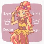  1:1 blush blush_stickers border buke3jp clothing dress english_text equestria_girls female flower green_eyes hair hi_res humanoid looking_aside my_little_pony pink_background plant red_hair simple_background solo standing sunset_shimmer_(eg) text white_border yellow_skin 
