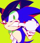  anthro blue_fur clenched_teeth clothing den255 eulipotyphlan finger_in_mouth fur gloves green_background green_eyes half-length_portrait hand_on_hip handwear hedgehog looking_at_viewer male mammal portrait simple_background solo sonic_(series) sonic_the_hedgehog teeth 