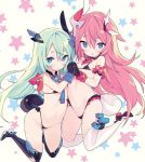  2girls :o arm_garter bangs bare_shoulders beige_background bikini black_bikini black_gloves black_legwear blade_(galaxist) blue_eyes blush collarbone commentary eyebrows_visible_through_hair gloves green_hair hair_between_eyes hair_ornament highleg highleg_bikini holding_hands honkai_(series) honkai_impact_3rd interlocked_fingers liliya_olyenyey long_hair looking_at_viewer micro_bikini multiple_girls navel parted_lips red_footwear red_hair rozaliya_olyenyey shoes short_eyebrows star starry_background swimsuit symbol_commentary tail thick_eyebrows thighhighs very_long_hair white_footwear white_legwear 