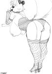  anthro bent_over big_breasts bow breasts butt canid canine canis clothing female fishnet footwear fox hanging_breasts high_heels looking_back mammal monochrome nipples rear_view shoes tsudamaku vela watermark 