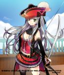  1girl artist_name bangs belt black_belt black_legwear black_neckwear black_sleeves blue_sky breasts cleavage cloud cowboy_shot cutlass_(sword) detached_sleeves floating_hair frilled_hat frills green_eyes grin hair_between_eyes haiyore!_nyaruko-san hand_on_hip hat heart_belt holding holding_sword holding_weapon katana long_hair long_sleeves looking_at_viewer madara_sai medium_breasts miniskirt nail_polish nyarlathotep_(nyaruko-san) outdoors pirate_costume pirate_hat pleated_skirt red_headwear red_nails red_skirt ribbon silver_hair skirt sky smile solo standing sword thighhighs very_long_hair weapon white_ribbon wing_collar zettai_ryouiki 