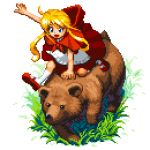  1girl bear blonde_hair blue_eyes dress grass hood hood_down open_mouth original outdoors pixel_art pixelflag red_dress red_footwear red_hood riding_bear socks white_background white_legwear 