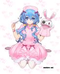  1girl artist_name blue_eyes blue_hair bow date_a_live dress full_body hair_between_eyes hair_bobbles hair_bow hair_ornament hair_over_shoulder hat holding_thermometer long_hair looking_at_viewer madara_sai nurse nurse_cap pantyhose parted_lips pink_dress red_bow shiny shiny_hair short_dress short_sleeves sitting smile solo very_long_hair wariza white_background white_legwear yoshino_(date_a_live) yoshinon 