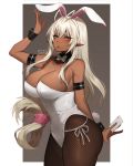  1girl animal_ears antenna_hair arm_up armlet bangs bare_shoulders between_fingers bow bowtie breasts brown_background brown_legwear bunny_ears bunny_girl bunny_tail card cleavage closed_mouth collarbone commentary_request cowboy_shot dark_elf dark_skin detached_collar elf eyebrows_visible_through_hair fake_animal_ears fake_tail fishnet_pantyhose fishnets hair_between_eyes hairband large_breasts leotard long_hair looking_at_viewer low-tied_long_hair orange_eyes pantyhose playing_card pointy_ears ribbon sansei_muramasa sidelocks solo soukou_akki_muramasa standing strapless strapless_leotard tail terupancake twitter_username very_long_hair white_bow white_hair white_hairband white_leotard white_neckwear white_ribbon wrist_cuffs 