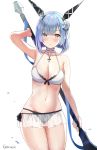 1girl artist_name ass_visible_through_thighs azur_lane bangs bikini black_bikini_bottom blue_hair blush breasts choker cleavage collarbone cross cross_necklace droplets feet_out_of_frame flower frilled_choker frills gascogne_(azur_lane) gascogne_(beach_adaptive_armor)_(azur_lane) hair_flower hair_ornament headgear highres holding holding_weapon jewelry kaetzchen looking_at_viewer medium_breasts microskirt mismatched_bikini multicolored_hair navel necklace parted_lips polearm see-through short_hair skirt solo streaked_hair swimsuit water_drop weapon white_background white_bikini_top 