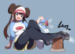  1girl absurdres arm_support back_bow bangs black_legwear blue_background blue_eyes blue_footwear bow breasts brown_hair collarbone commentary_request crossed_legs diglett double_bun feet full_body gen_1_pokemon hand_up heart highres holding jikatarou leaning_back long_hair long_sleeves looking_at_another medium_breasts mei_(pokemon) open_mouth pantyhose pink_bow pink_headwear pokemon pokemon_(creature) pokemon_(game) pokemon_bw2 raglan_sleeves shiny shiny_clothes shirt shoe_removed shoes short_shorts shorts simple_background single_shoe sitting smile solo_focus steam sweat tied_hair translation_request twintails visor_cap watch white_shirt wristwatch yellow_shorts 