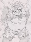  2019 anthro belly blush bottomwear bulge canid canine clothing goemon_(tas) hi_res humanoid_hands male mammal moobs navel nipples one_eye_closed overweight overweight_male raccoon_dog shirt shorts solo tabasukotrr tanuki tokyo_afterschool_summoners topwear video_games wink 
