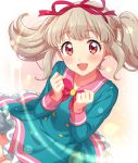  1girl :d absurdres aikatsu!_(series) aikatsu_on_parade! bangs blunt_bangs blush bow bowtie clenched_hands close-up commentary_request dress eyebrows_visible_through_hair hair_ribbon happy highres kiseki_raki lens_flare light_brown_hair long_hair looking_at_viewer open_mouth pink_eyes pink_sailor_collar ribbon sailor_collar sekina sidelocks smile solo star_harmony_academy_uniform twintails 