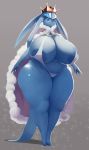  2019 absurd_res anthro big_breasts blue_eyes blue_fur breasts crown eeveelution female fur glaceon hi_res huge_breasts hurikata mammal nintendo pok&eacute;mon pok&eacute;mon_(species) pok&eacute;morph simple_background slightly_chubby solo thick_thighs video_games voluptuous wide_hips 