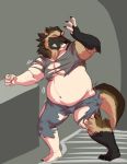  anthro belly brown_fur captainjusticevirtsuoso claws clothed clothing fur hi_res human human_to_anthro male mammal moobs mustelid musteline navel overweight overweight_male solo species_transformation standing teeth toe_claws torn_clothing transformation weight_gain wolverine 