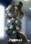  2019 animal_crossing anthro canid canine canis clock clothed clothing domestic_dog eyewear female fur glasses hair half-closed_eyes hi_res isabelle_(animal_crossing) mammal nintendo shih_tzu solo toy_dog video_games watch wayn_animation yellow_fur 