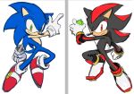  action_pose anthro black_fur blue_fur clothing den255 duo eulipotyphlan footwear frown fur gesture gloves green_eyes handwear hedgehog holding_object male mammal pointing pose red_eyes red_fur shadow_the_hedgehog shoes simple_background smile sonic_(series) sonic_the_hedgehog white_background 