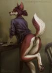  2019 anthro anus butt canid canine canis chair clothed clothing domestic_dog empty fur glass hair half hi_res kitchen lostgoose male mammal morning nude paws ponytail presenting smile solo table tongue 