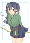  1girl arrow bangs blue_eyes blue_hair blush bou_(wataame) bow_(weapon) breasts eyebrows_visible_through_hair flight_deck green_kimono hair_ribbon hakama hakama_skirt holding holding_bow_(weapon) holding_weapon japanese_clothes kantai_collection kimono leaning_forward long_hair medium_breasts open_mouth quiver ribbon rigging simple_background skirt solo souryuu_(kantai_collection) twintails weapon 