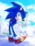  anthro blue_fur clothing cloud den255 eulipotyphlan footwear fur gesture gloves green_eyes grin hand_on_hip handwear hedgehog looking_at_viewer male mammal rear_view shoes sky smile solo sonic_(series) sonic_the_hedgehog sonic_unleashed standing thumbs_up town 
