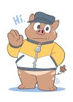  2019 anthro clothed clothing hat headgear headwear humanoid_hands male mammal simple_background slightly_chubby solo suid suina sus_(pig) takataka text white_background wild_boar 