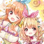  2girls ;d arm_up bangs bare_shoulders blonde_hair blurry blurry_background blush bow braid breasts brown_hair candy_hair_ornament commentary_request depth_of_field detached_sleeves diagonal_stripes eyebrows_visible_through_hair flower food_themed_hair_ornament futaba_anzu hair_between_eyes hair_ornament hair_over_shoulder hair_ribbon heart heart-shaped_pupils heart_hair_ornament idolmaster idolmaster_cinderella_girls long_hair medium_breasts moroboshi_kirari multiple_girls one_eye_closed open_mouth polka_dot_ribbon puffy_sleeves red_eyes red_ribbon ribbon sawa_(sawasaku) smile sparkle star striped sunflower symbol-shaped_pupils twin_braids unmoving_pattern upper_body white_background white_sleeves yellow_bow yellow_flower 