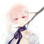  1boy backlighting bangs bishounen bloom blue_neckwear branch cherry_blossoms chest dress_shirt expressionless flower hair_between_eyes head_tilt highres kai_(artist) lips looking_at_viewer male_focus neck_ribbon open_clothes open_shirt original petals pink_hair red_eyes ribbon shirt simple_background solo upper_body wind 