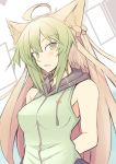  1girl ahoge animal_ears arms_behind_back atalanta_(fate) bare_shoulders blush braid breasts cat_ears commentary_request eyebrows_visible_through_hair fate/apocrypha fate_(series) green_eyes green_hair hood hood_down hooded_jacket jacket long_hair looking_at_viewer multicolored_hair nahu open_mouth sleeveless sleeveless_jacket solo upper_body 