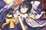  1girl :o azur_lane bangs bare_shoulders black_hair blue_eyes blue_kimono breasts cleavage collar commentary_request detached_sleeves fingernails hair_between_eyes hair_ribbon holding holding_sword holding_weapon japanese_clothes katana kikuchi_seiji kimono long_sleeves looking_at_viewer medium_breasts multicolored_hair obi open_mouth ribbon sash sheath sheathed sidelocks solo streaked_hair sword weapon wide_sleeves yoizuki_(azur_lane) 