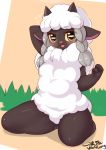  2019 5_fingers anthro black_skin blush bovid caprine female fingers fur grass hi_res horizontal_pupils horn kneeling looking_at_viewer mammal nintendo pigtails pink_nose pok&eacute;mon pok&eacute;mon_(species) solo video_games white_fur white_wool wolflong wool_(fur) wooloo yellow_eyes yellow_sclera 